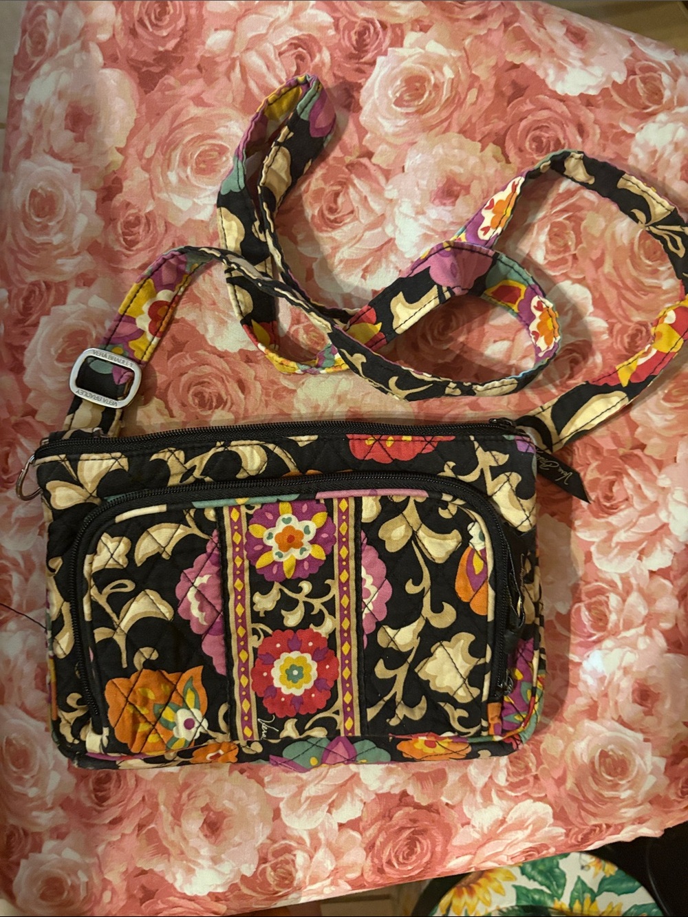 Vera Bradley Black Quilted Crossbody with Multicolor Floral Trim